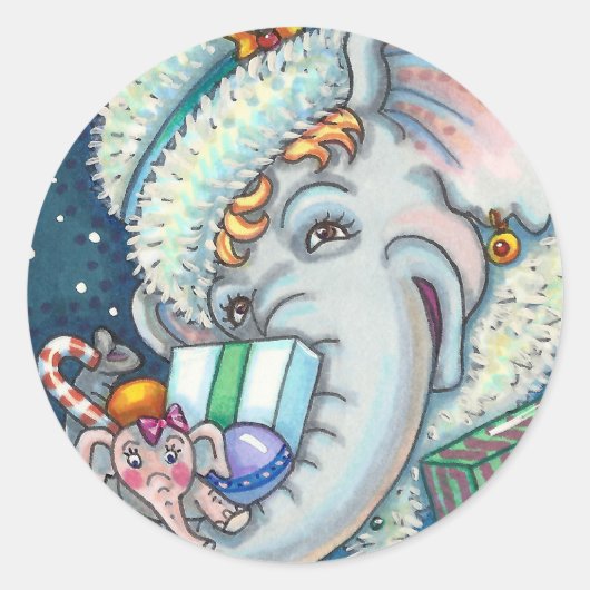 KERST OLIFANT, KRONKELIG VAN GESCHENKEN & GOEDE JU RONDE STICKER (Voorkant)