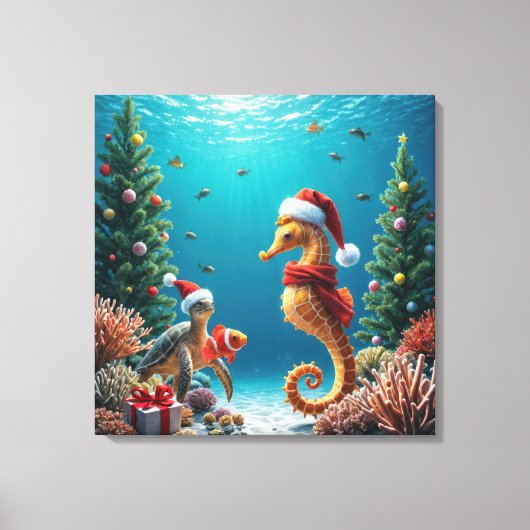 Kerst Onderwater Oceaan Zeepaardje en Schildpad Canvas Afdruk (Voorkant)