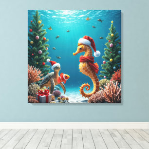 Kerst Onderwater Oceaan Zeepaardje en Schildpad Canvas Afdruk