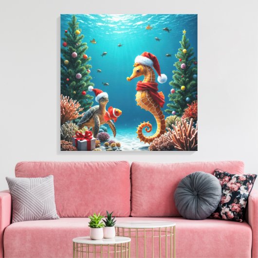 Kerst Onderwater Oceaan Zeepaardje en Schildpad Canvas Afdruk (Insitu (Woonkamer))