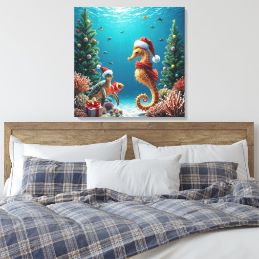 Kerst Onderwater Oceaan Zeepaardje en Schildpad Canvas Afdruk (Insitu (Slaapkamer))