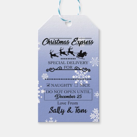 Kerst "Ondeugend" Gift Label Blauw met Sneeuwvlokk Cadeaulabel (Voorkant)