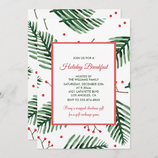 Kerst Ontbijt Uitnodiging Elegant Evergreen (Voorkant / Achterkant)