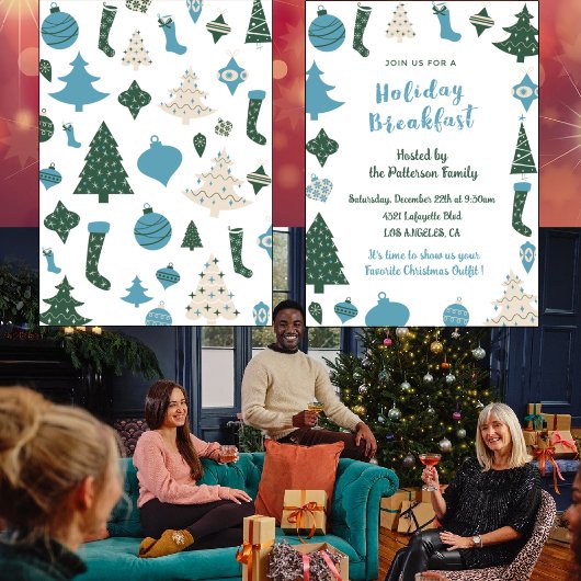 Kerst Ontbijt Uitnodiging Schattige groen blauw