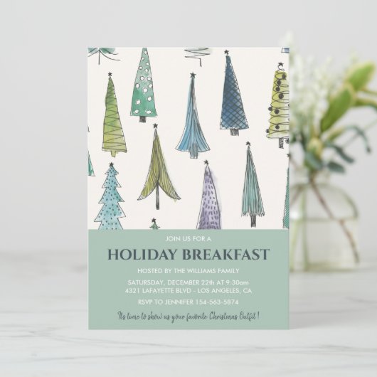 Kerst Ontbijt Uitnodiging Schattigee Bomen (Staand voorkant)