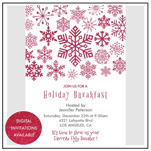 Kerst Ontbijt Uitnodiging Sneeuwvlokken rood