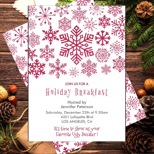 Kerst Ontbijt Uitnodiging Sneeuwvlokken rood