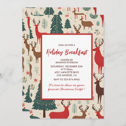 Kerst Ontbijt Uitnodiging Whimsical Herten boom (Voorkant / Achterkant)