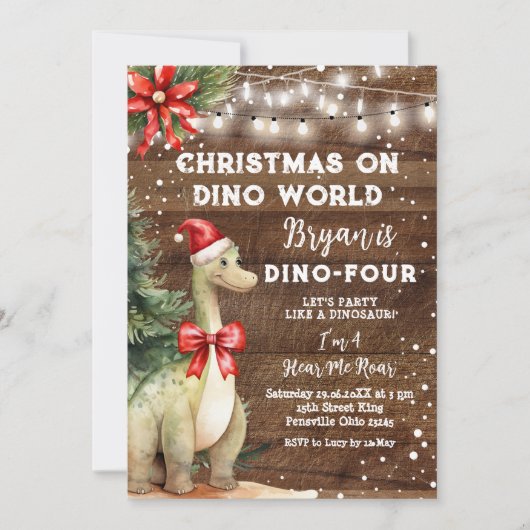 Kerst op Dino World Wood Dinosaurus 4e verjaardag Kaart (Voorkant)