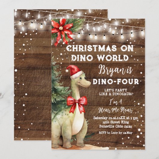 Kerst op Dino World Wood Dinosaurus 4e verjaardag Kaart (Voorkant / Achterkant)