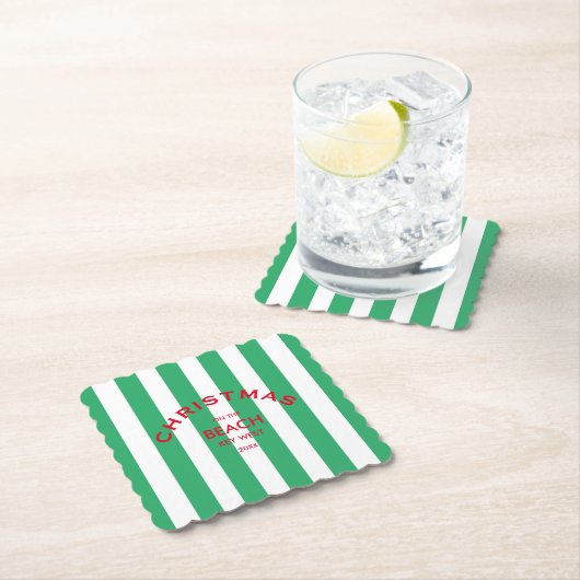 Kerst op het strand aangepaste groene Cabana Strip Kartonnen Onderzetters (Insitu)