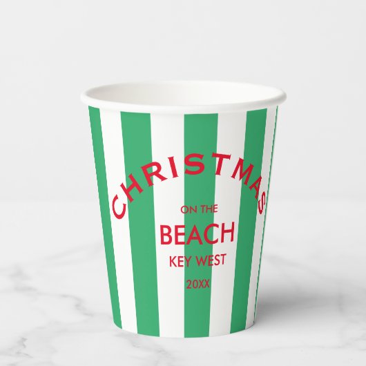 Kerst op het strand aangepaste groene Cabana Strip Papieren Bekers (Achterkant)