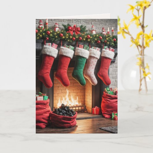 Kerst open haard met zak van steenkool kaart (Gele Bloem)