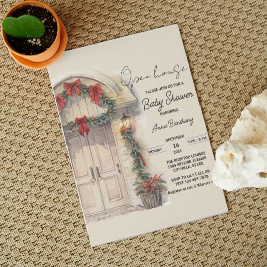 Kerst open huis bewerkbaar sjabloon baby shower kaart