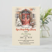 Kerst open huis bewerkbaar sjabloon baby shower kaart (Staand voorkant)