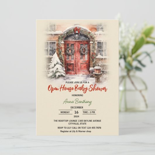 Kerst open huis bewerkbaar sjabloon baby shower kaart (Staand voorkant)
