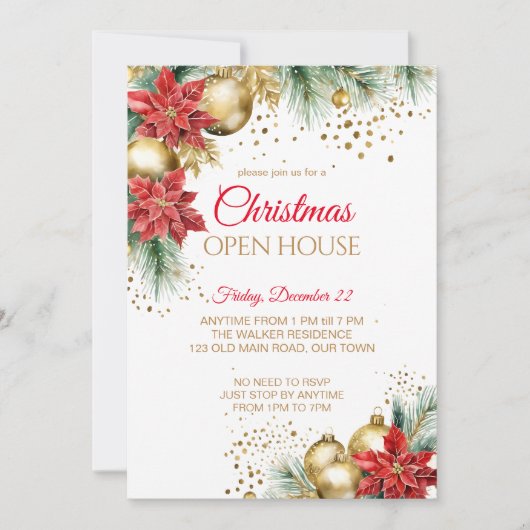 Kerst open huis feest rood poinsettia goud kaart (Voorkant)