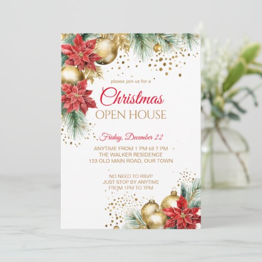 Kerst open huis feest rood poinsettia goud kaart (Staand voorkant)