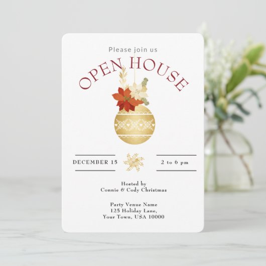 KERST OPEN HUIS GOUD KERSTORNAMENT KAART (Staand voorkant)