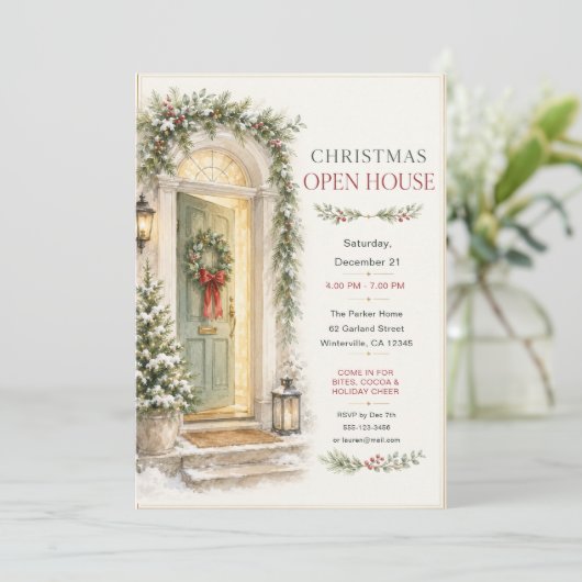Kerst Open Huis Uitnodiging (Staand voorkant)