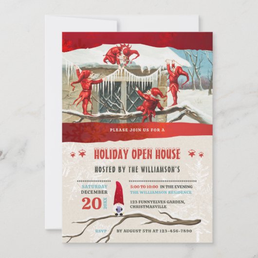 Kerst Open Huis Vintage Elfen Kaart (Voorkant)