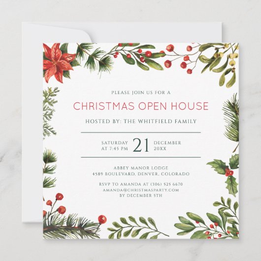 Kerst Open Huis Watercolor Vakantiefeest Kaart (Voorkant)