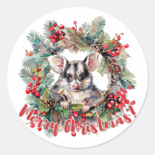 Kerst Opossum bessen Holly Leaves Ronde Sticker