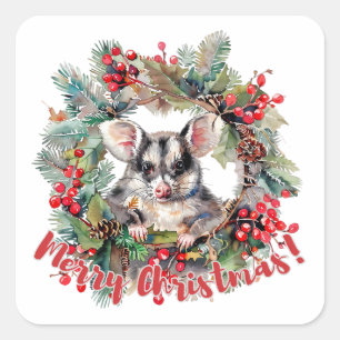 Kerst Opossum bessen Holly Leaves Vierkante Sticker