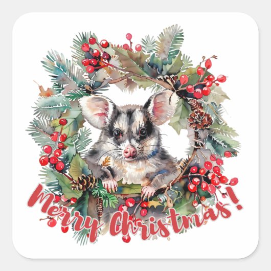 Kerst Opossum bessen Holly Leaves Vierkante Sticker (Voorkant)