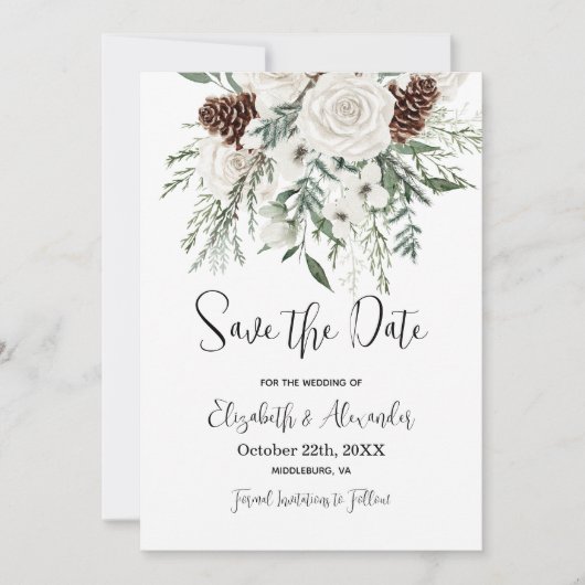 Kerst Opslaan De Datum Pine Bloemen Winter Wedding Kaart (Voorkant)
