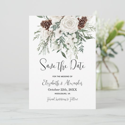 Kerst Opslaan De Datum Pine Bloemen Winter Wedding Kaart (Staand voorkant)
