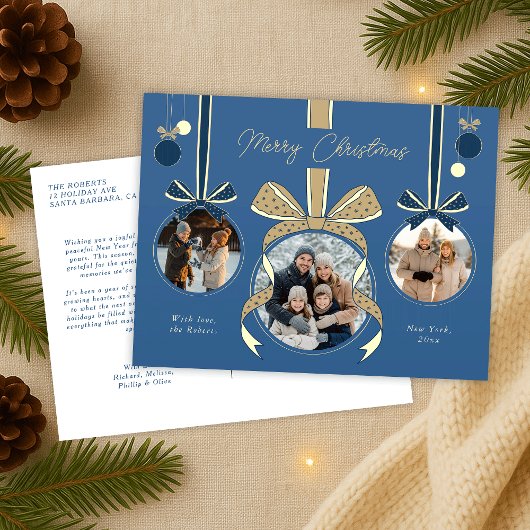 Kerst Ornament Ball Ribbon Drie foto's Briefkaart