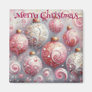 Kerst Ornament Ballen Roze Wit w/Swirls Magneet