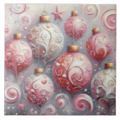 Kerst Ornament Ballen Roze Wit w/Swirls Tegeltje (Voorkant)