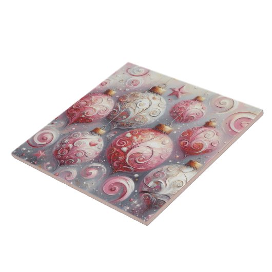 Kerst Ornament Ballen Roze Wit w/Swirls Tegeltje (Zijkant)