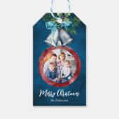Kerst Ornament Foto Blauwe Vakantie Cadeaulabel (Voorkant)