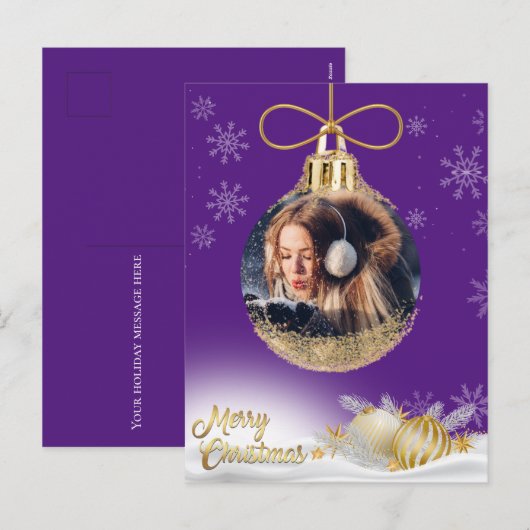 Kerst Ornament Foto Sneeuwvlokken Modern Paarse Feestdagenkaart (Voorkant / Achterkant)