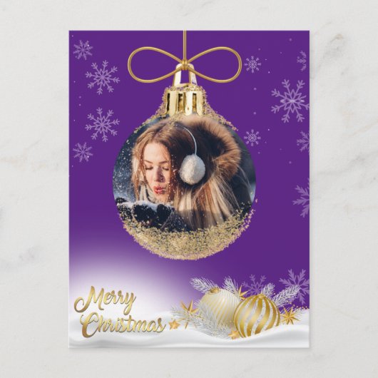 Kerst Ornament Foto Sneeuwvlokken Modern Paarse Feestdagenkaart (Voorkant)