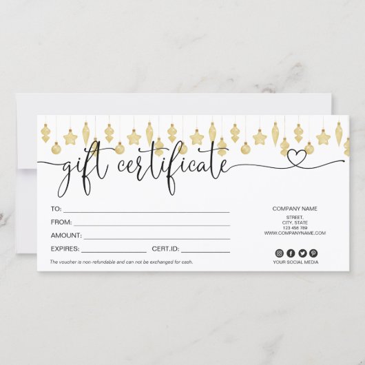 Kerst Ornament Gift Kaart Certificaat Goud (Voorkant)