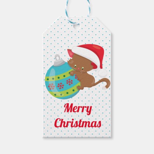 Kerst Ornament Kitten Blauw Polka Dot Cartoon Cadeaulabel (Voorkant)