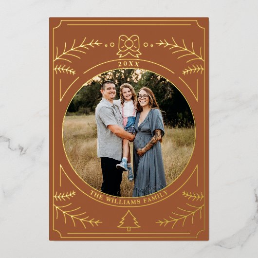 Kerst Ornament Line Art Terracotta Foto Folie Feestdagenkaart (Voorkant)