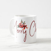 Kerst ornament met rode strik en spar takken koffiemok (Voorkant links)