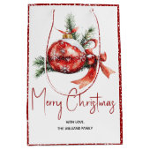 Kerst ornament met rode strik en spar takken medium cadeauzakje (Voorkant)