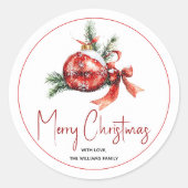 Kerst ornament met rode strik en spar takken ronde sticker (Voorkant)