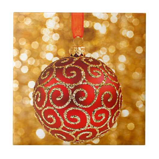 Kerst Ornament Rood met gouden Twinkle Lights Tegeltje (Voorkant)
