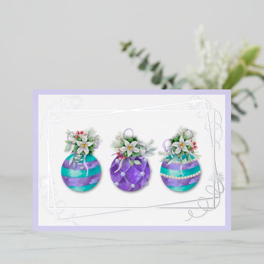 Kerst Ornament Trio | Lavendel Folie Kaart (Staand Voorkant)