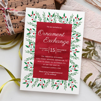 Kerst Ornament Uitwisseling Feestje Rood Aquarel Kaart