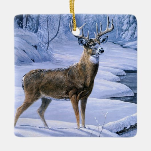 Kerst ornament-winter herten scène keramisch ornament (Voorkant)