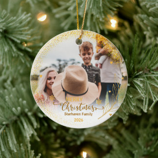 Kerst Ornamente Foto Familienaam en Jaar Goud Keramisch Ornament