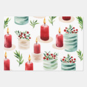 Kerst ornamenten en kaarsen blauw groen en rood inpakpapier vel (Voorkant)